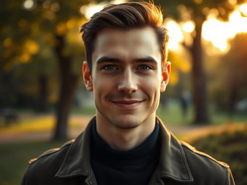 Portret pewnego siebie młodego mężczyzny o europejskich rysach twarzy na tle rozmytego, słonecznego parku.