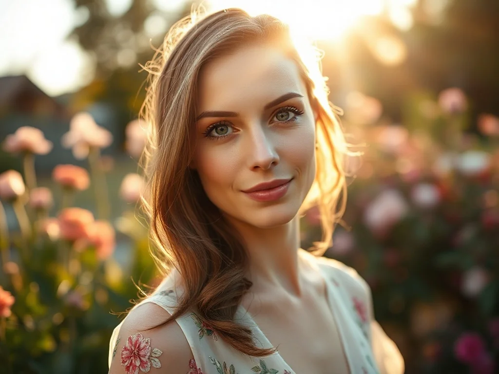 Portret uśmiechniętej kobiety w kwiecistej sukience, stojącej w słonecznym ogrodzie.
