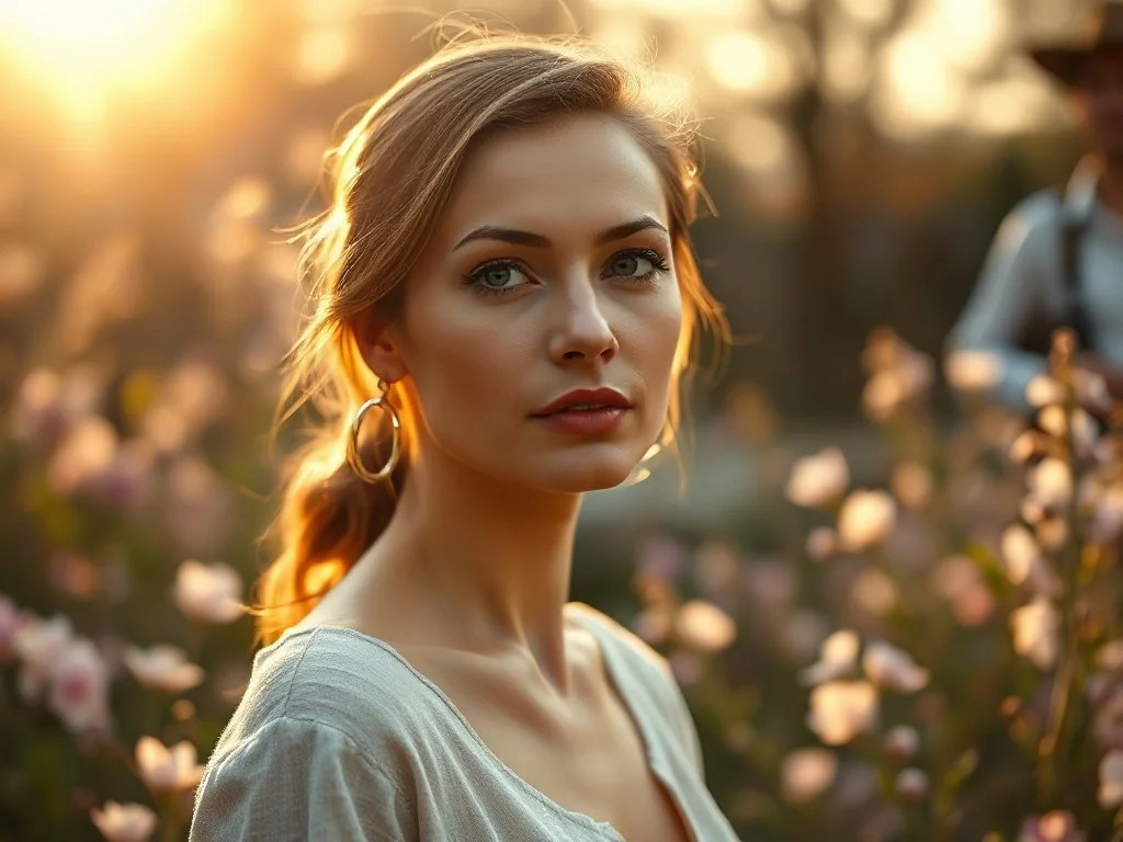Portret spokojnej kobiety w słonecznym ogrodzie, podkreślający naturalność i delikatność kojarzoną z imieniem Zoja.