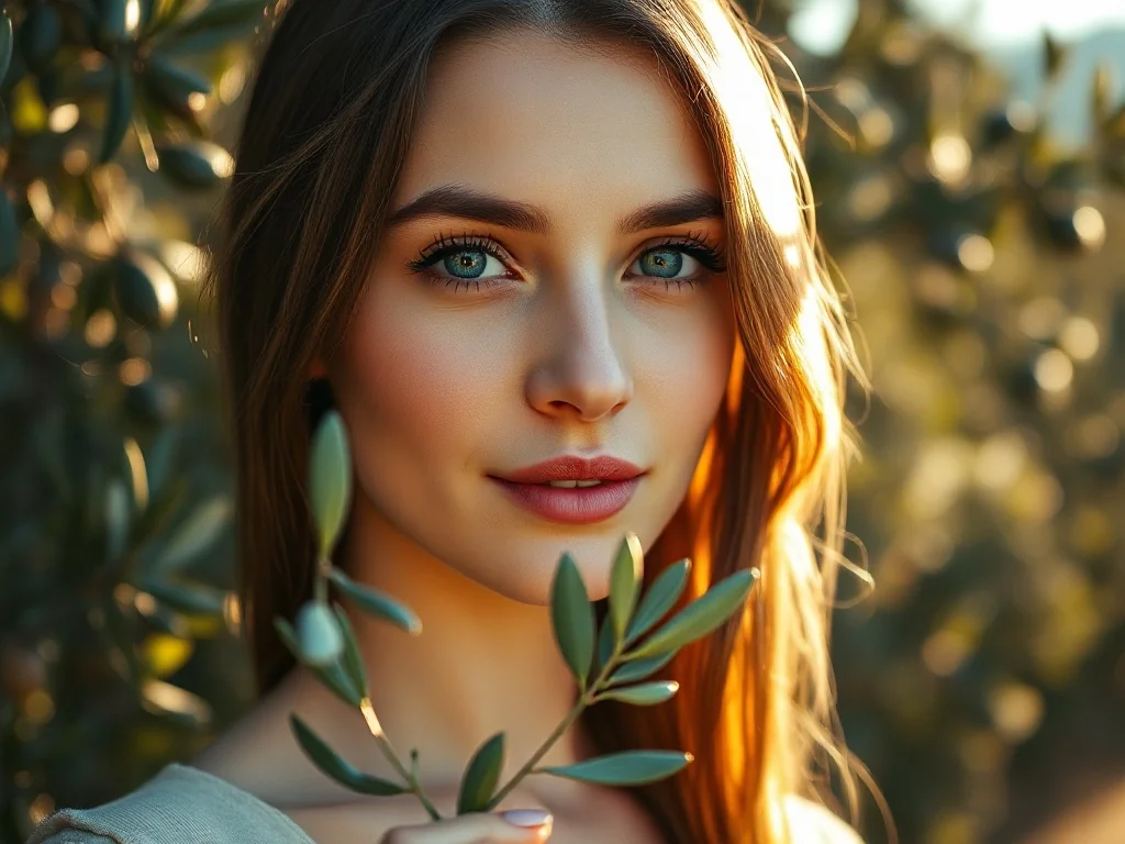 Portret kobiety trzymającej gałązkę oliwną na tle gaju, nawiązujący do symboliki i pochodzenia imienia Oliwia.