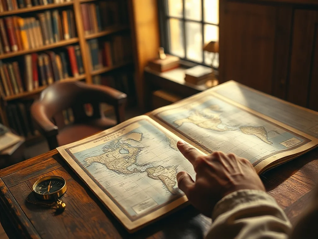 Mężczyzna wskazuje palcem na mapę w otwartym atlasie świata, trzymając mosiężny kompas na tle biblioteki.