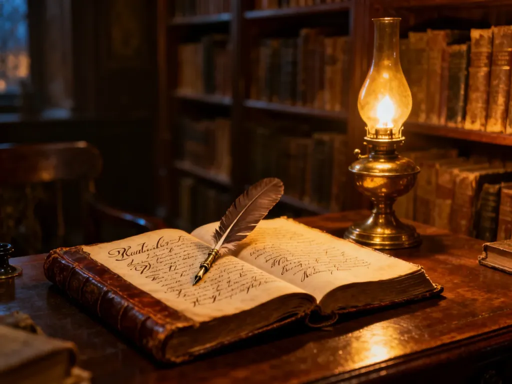 Stare biurko z otwartą księgą, piórem i lampą naftową w klimatycznej bibliotece, nawiązujące do tradycji i historii imienia.