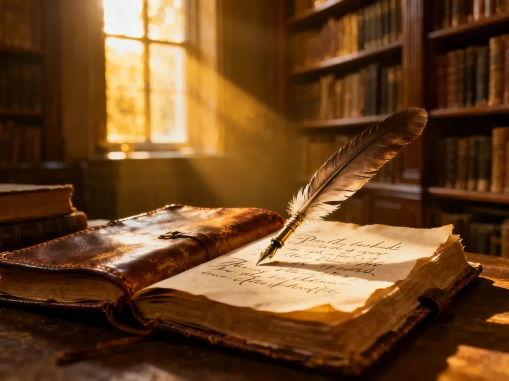Eleganckie pióro na otwartym, skórzanym dzienniku w przytulnej bibliotece, nawiązujące do literackiej natury imienia Martyna.