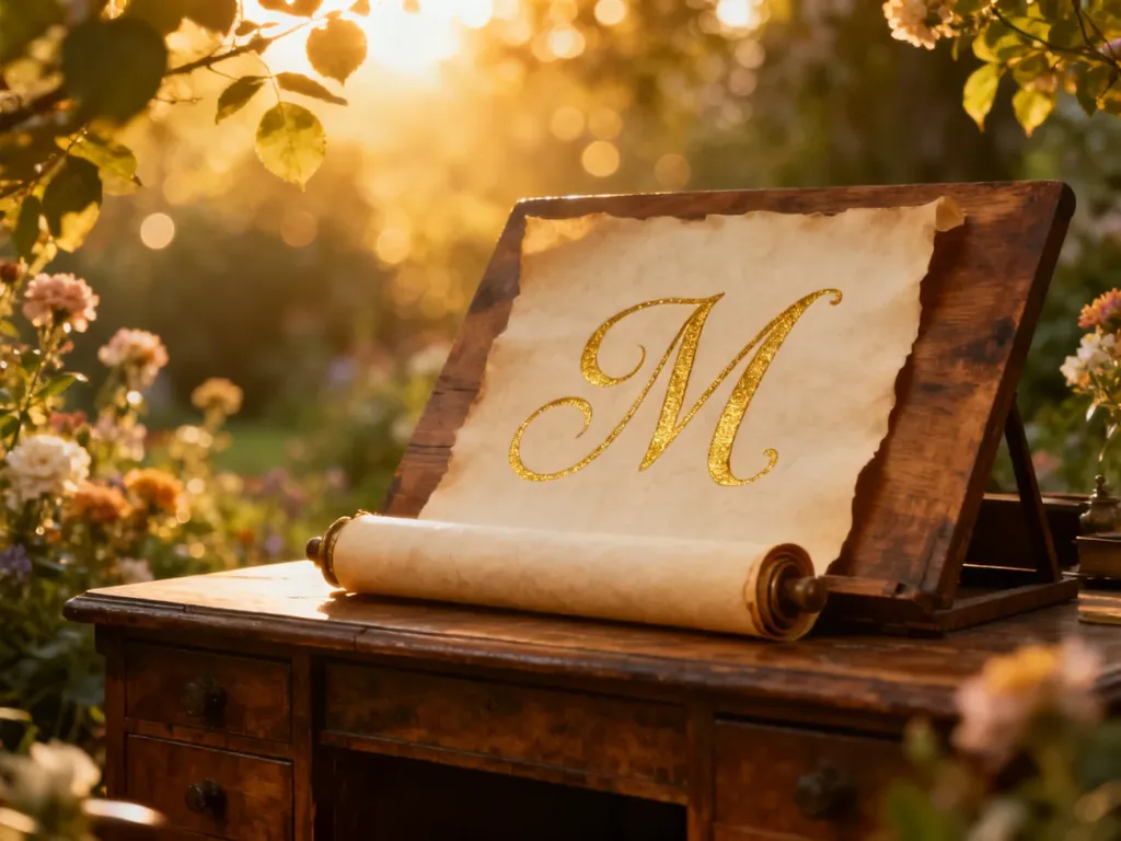 Artystyczna wizualizacja imienia Malwina z ozdobną literą „M” na drewnianym zwoju w otoczeniu magicznego ogrodu.
