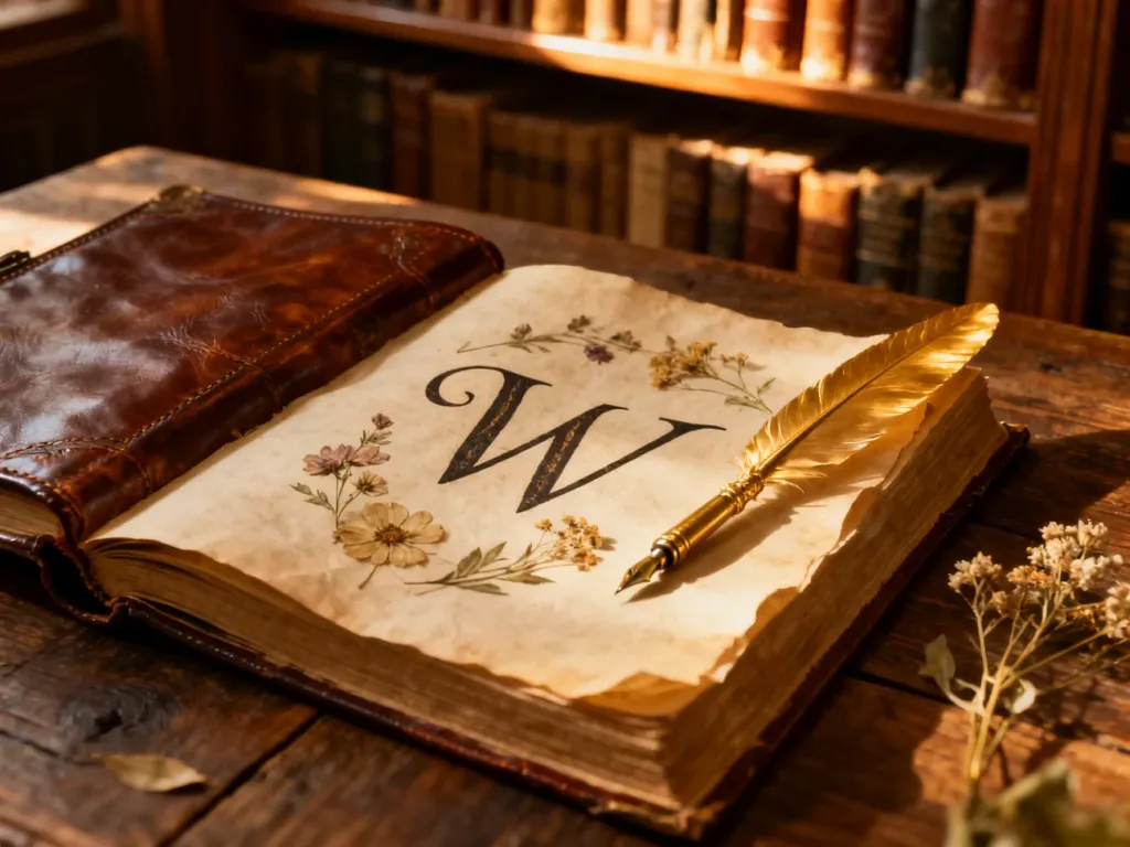 Otwarta zabytkowa księga z kaligrafowaną literą „W”, ozdobiona piórem i suszonymi kwiatami w klimatycznej bibliotece.