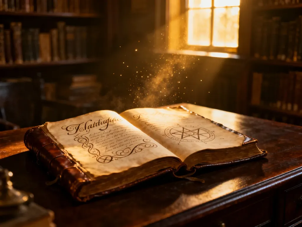 Otwarta, starodawna księga z kaligrafią na drewnianym biurku w bibliotece, nawiązująca do historycznych korzeni imienia.