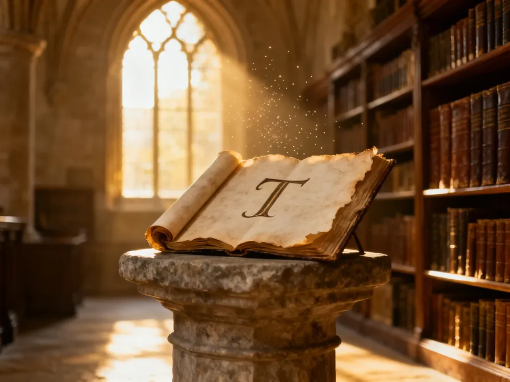 Starodawny zwój z kaligrafowaną literą „T” na kamiennym postumencie w zabytkowej bibliotece.
