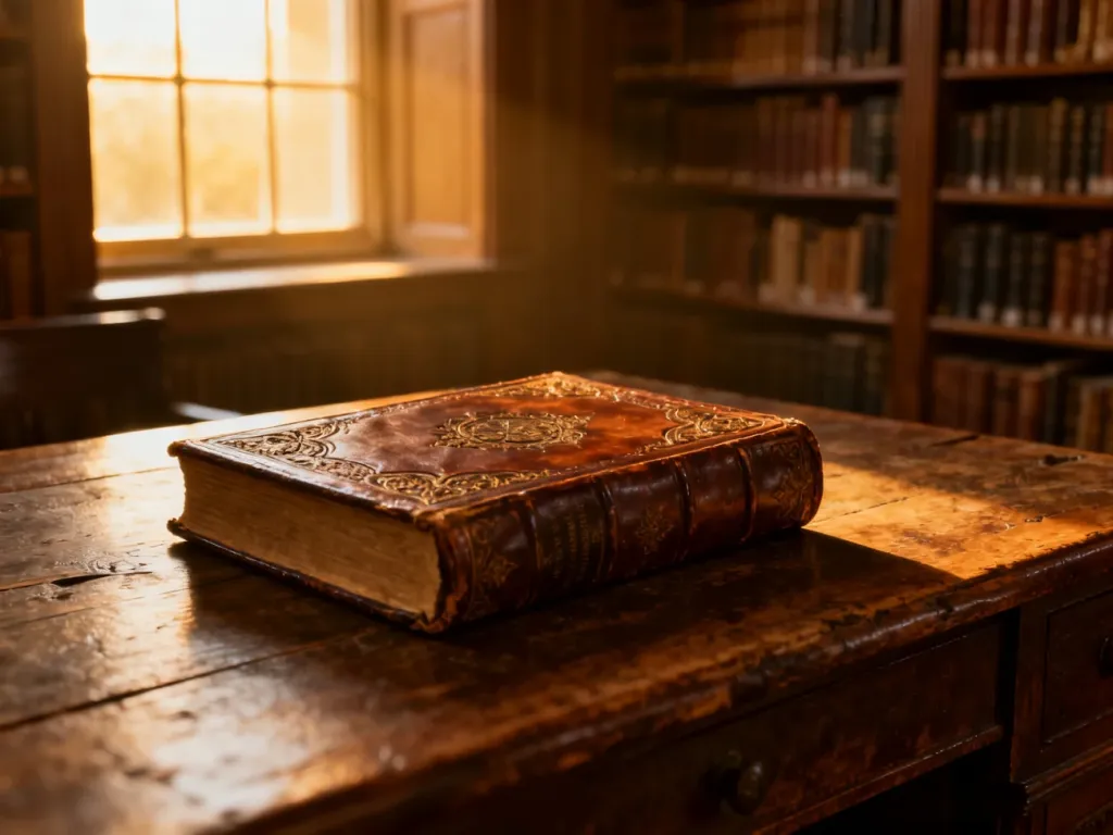 Stara, skórzana księga na drewnianym biurku w bibliotece, symbolizująca wiedzę i historyczne dziedzictwo imienia.
