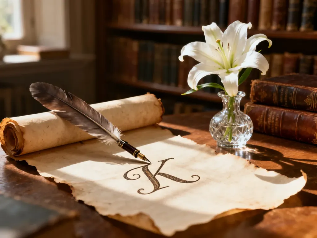 Eleganckie pióro na pergaminie z ozdobną literą „K” oraz biała lilia w bibliotecznym wnętrzu, symbolizujące imię Katarzyna.