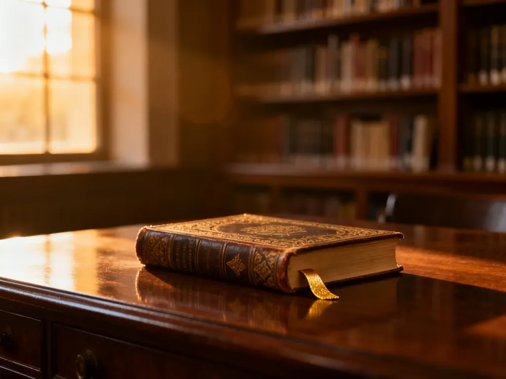 Elegancka, zabytkowa książka ze złotą zakładką na drewnianym biurku w przytulnej bibliotece skąpanej w promieniach słońca.