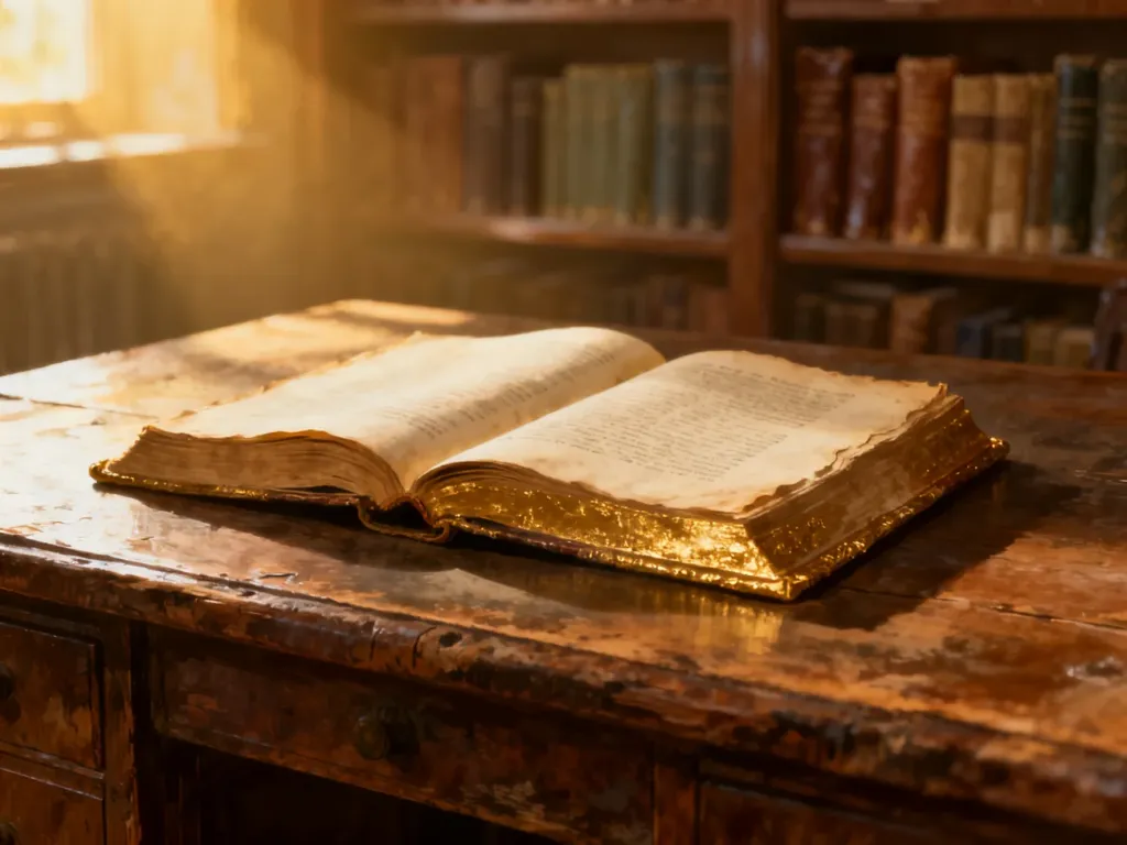 Otwarta, zabytkowa księga na drewnianym biurku w bibliotece, podkreślająca tradycję i historyczne znaczenie imienia.