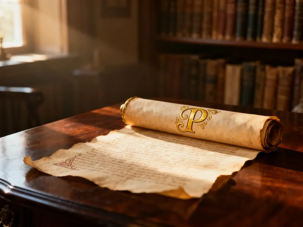 Ozdobny, średniowieczny zwój z elegancką, złotą literą „P” na drewnianym stole w bibliotece.