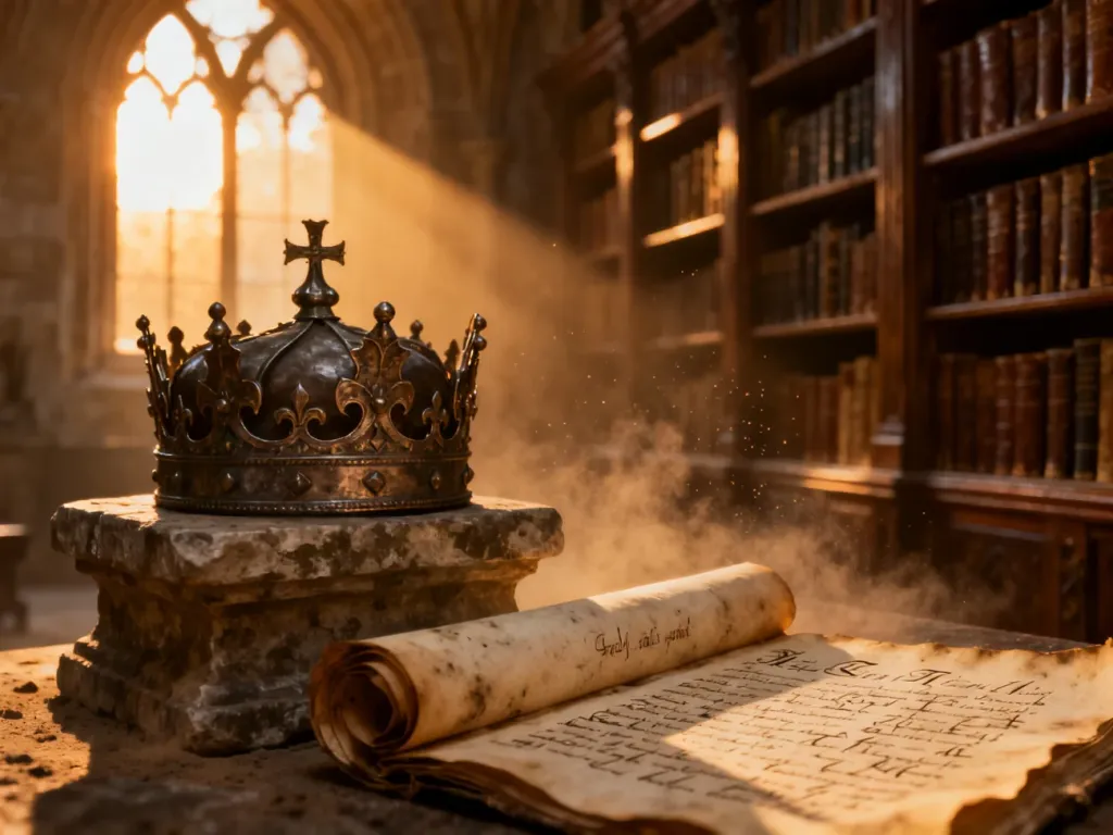 Średniowieczna korona królewska na kamiennym postumencie w bibliotece, nawiązująca do historycznego znaczenia imienia Kazimierz.