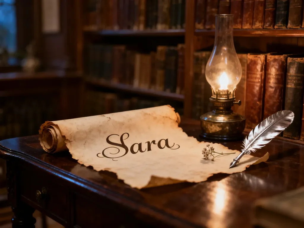 Starodawny zwój z kaligraficznym imieniem „Sara” leżący na drewnianym stole w klimatycznej bibliotece przy świetle lampy.