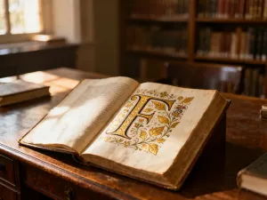 Otwarty, skórzany dziennik z kaligrafią na drewnianym biurku, otoczony świecą i białą lilią w przytulnym wnętrzu biblioteki.