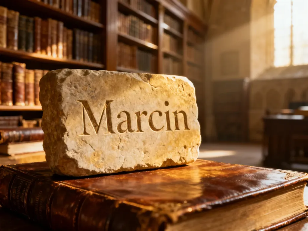 Starożytna kamienna tablica z wyrytym imieniem Marcin na tle zabytkowej biblioteki, podkreślająca historyczne pochodzenie imienia.