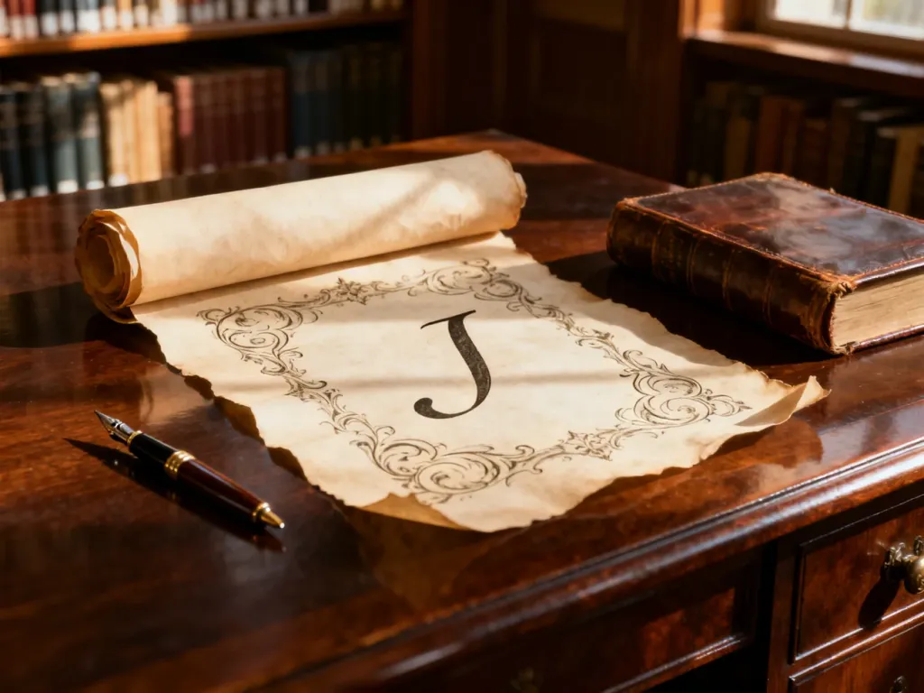 Zwoje pergaminu z kaligrafowaną literą „J” oraz pióro wieczne na biurku w bibliotece, nawiązujące do historii imienia Jerzy.