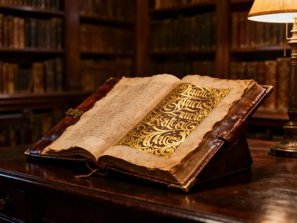 Otwarta, starodawna księga z ozdobną kaligrafią na drewnianym biurku w klimatycznej bibliotece.
