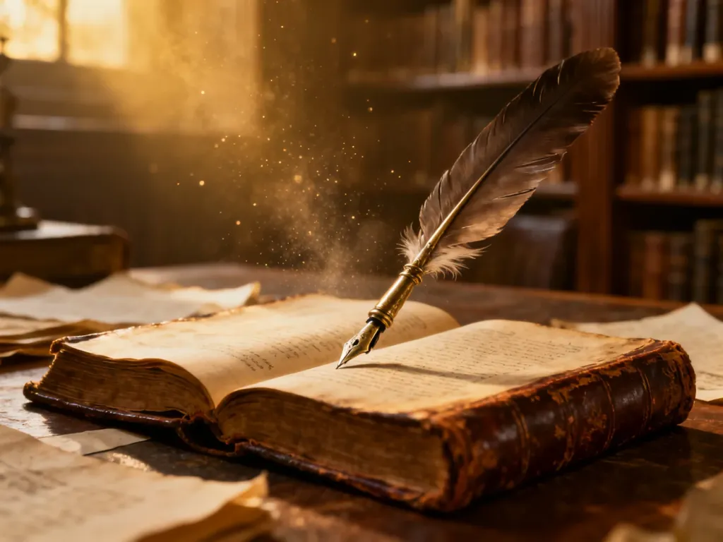 Eleganckie pióro na starej księdze w klimatycznej bibliotece, symbolizujące historyczne pochodzenie imienia Łukasz.