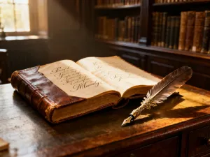Starodawny zwój z ozdobną literą „K”, piórem i świecą na tle biblioteki, symbolizujący historię i znaczenie imienia Kacper.