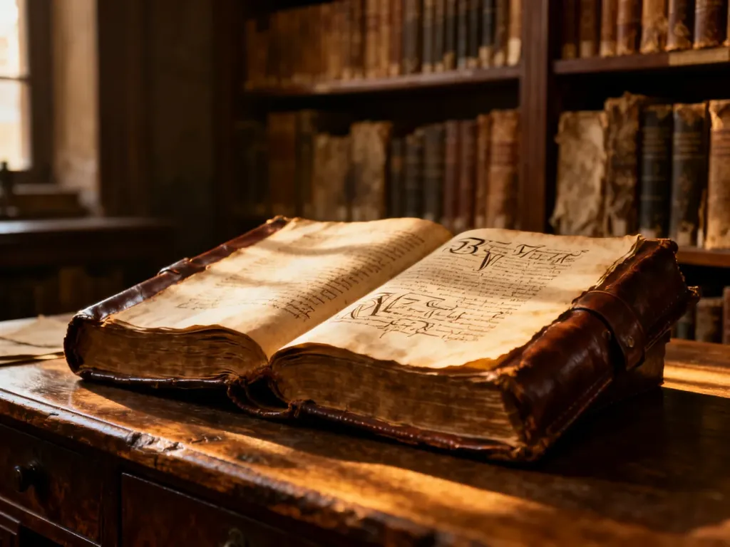 Otwarta, starodawna księga z kaligrafią na drewnianym biurku w bibliotece, podkreślająca historyczne znaczenie imienia Konrad.