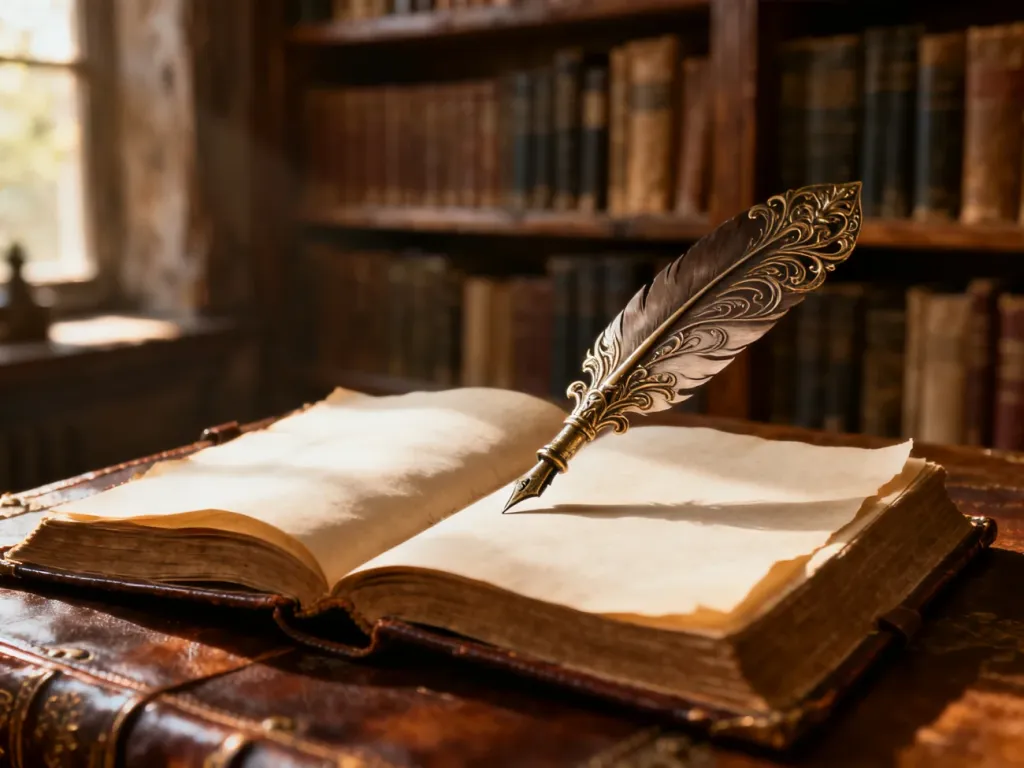Eleganckie pióro na otwartej, zabytkowej księdze w przytulnym wnętrzu biblioteki, nawiązujące do historii i tradycji imienia.