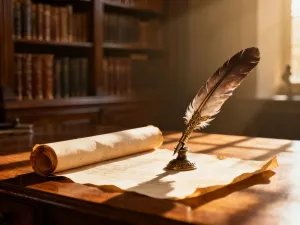 Otwarta, starodawna księga z kaligrafią na drewnianym biurku w bibliotece, podkreślająca historyczne znaczenie imienia Konrad.