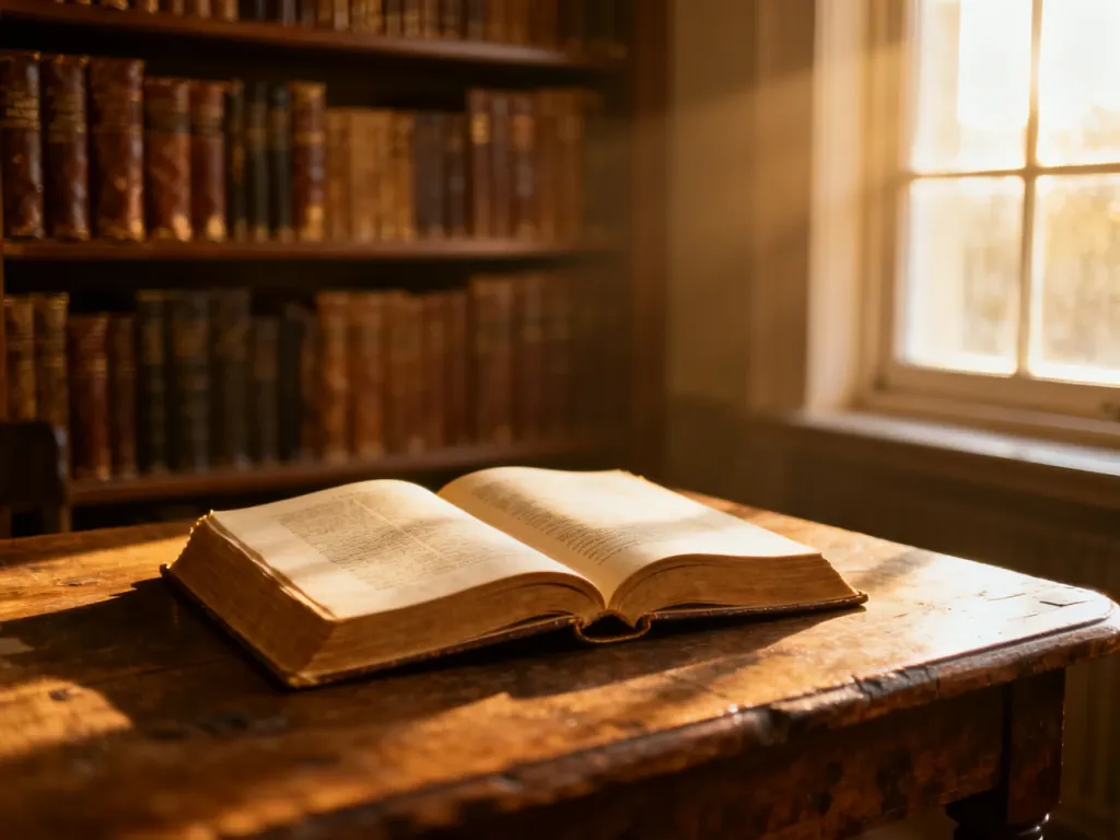 Otwarta, zabytkowa księga na drewnianym stole w przytulnej bibliotece, podkreślająca historyczne znaczenie imienia.