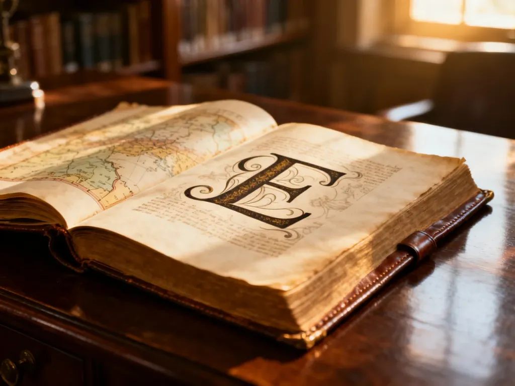 Otwarta, skórzana księga z kaligraficzną literą „E” na tle zabytkowych map, podkreślająca historyczne pochodzenie imienia.