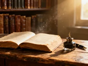 Otwarta, zabytkowa księga z kaligrafią i kwiatowymi ilustracjami na drewnianym stole w klimatycznej bibliotece.