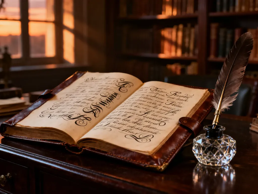 Otwarta, skórzana księga z kaligrafią i piórem w kałamarzu na tle biblioteki, nawiązująca do tradycji i historii imienia.