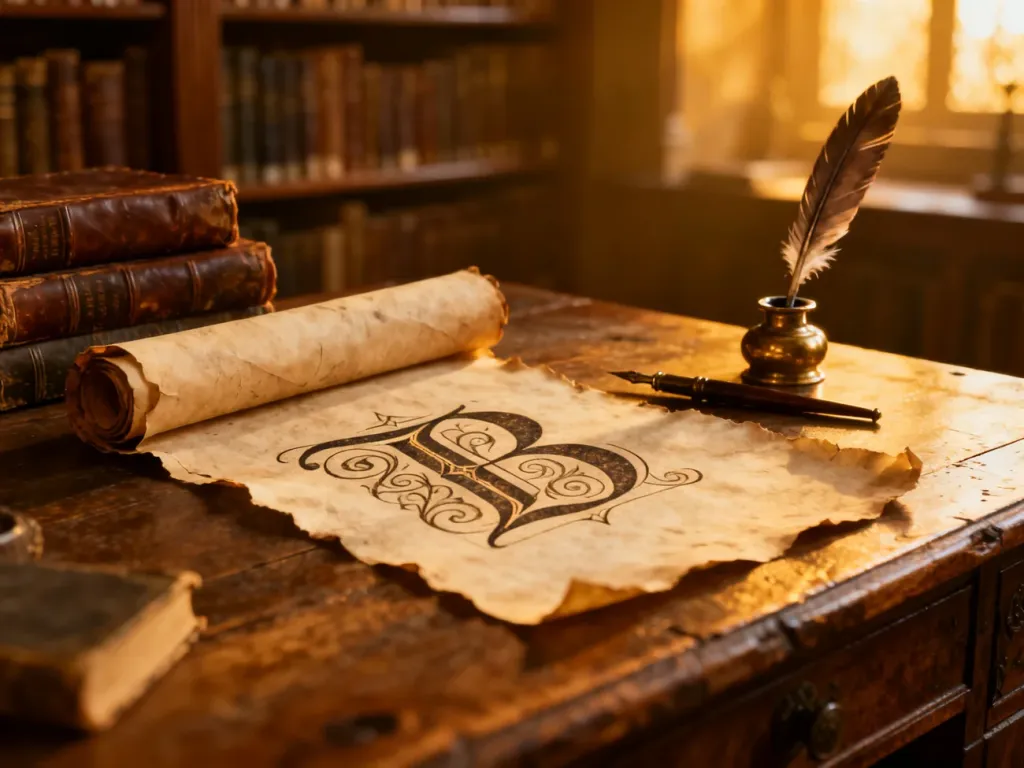 Starodawny zwój z ozdobną literą „B”, pióro i kałamarz na drewnianym biurku, nawiązujące do historycznego pochodzenia imienia.