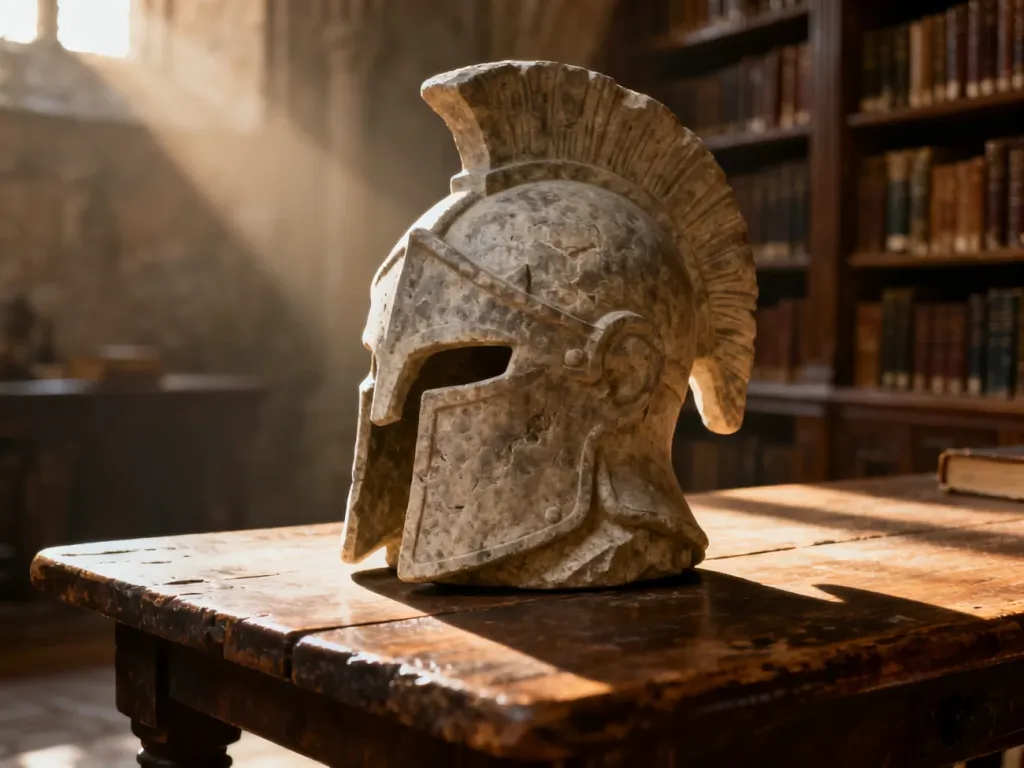 Kamienny hełm wojownika na drewnianym stole w bibliotece, symbolizujący historyczne korzenie i siłę imienia Borys.