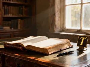 Eleganckie pióro na otwartym, skórzanym dzienniku w przytulnej bibliotece, nawiązujące do literackiej natury imienia Martyna.
