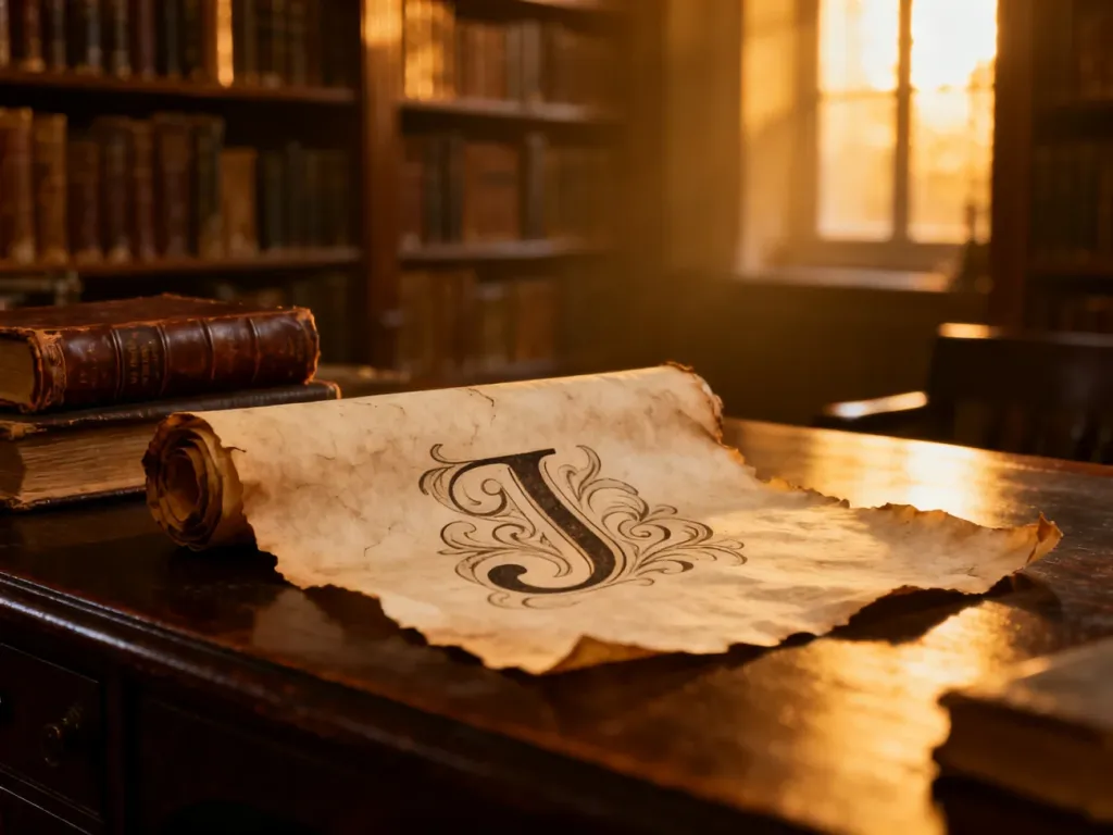 Ozdobny zwój z kaligrafowaną literą „J” na tle starej biblioteki, symbolizujący historyczne pochodzenie imienia Julian.