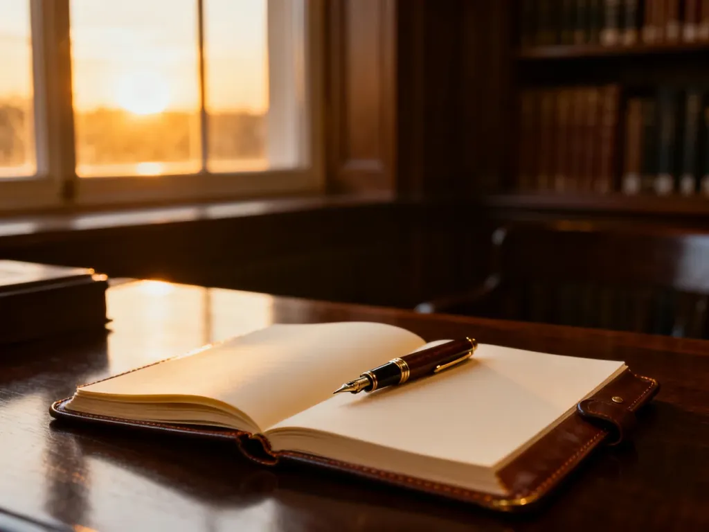 Elegancki notes i pióro wieczne na drewnianym biurku, symbolizujące pasję do pisania i refleksyjną naturę imienia Kamil.