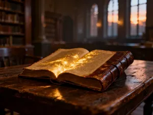 Eleganckie pióro na starym pergaminie w klimatycznej bibliotece, symbolizujące klasyczne piękno i historię imienia Natalia.
