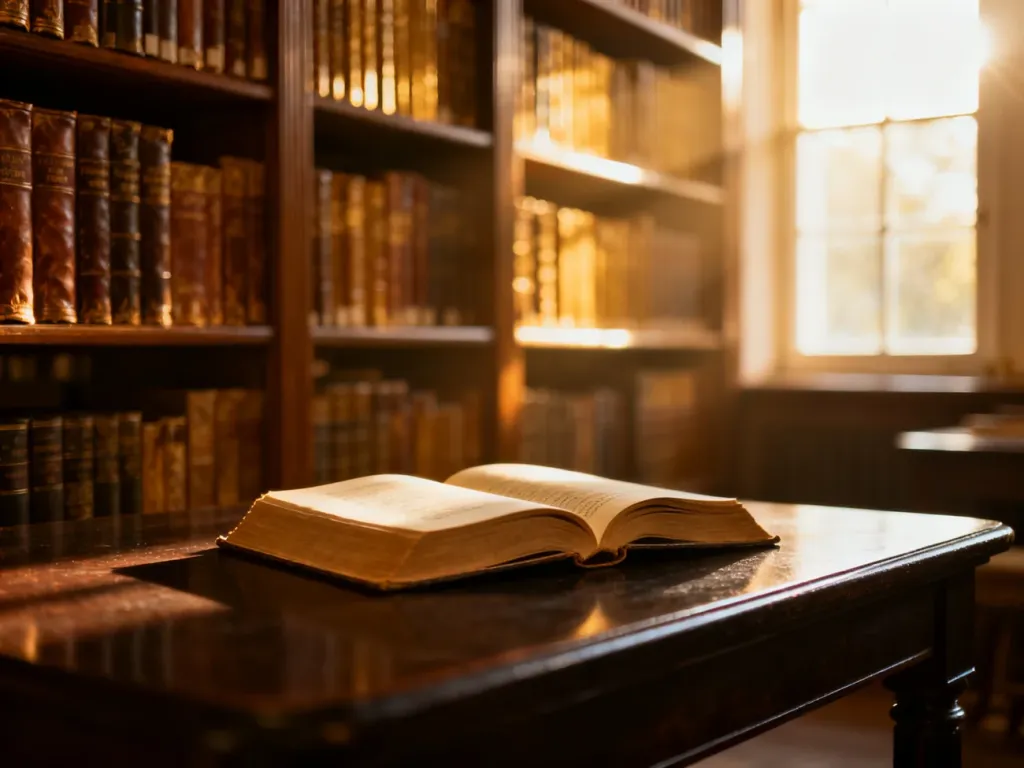 Otwarta, zabytkowa książka na drewnianym stole w przytulnej bibliotece, tworząca atmosferę wiedzy i nostalgii.