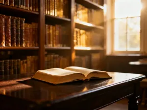 Eleganckie wieczne pióro na starym skórzanym dzienniku w bibliotece, nawiązujące do literackiego charakteru imienia Urszula.