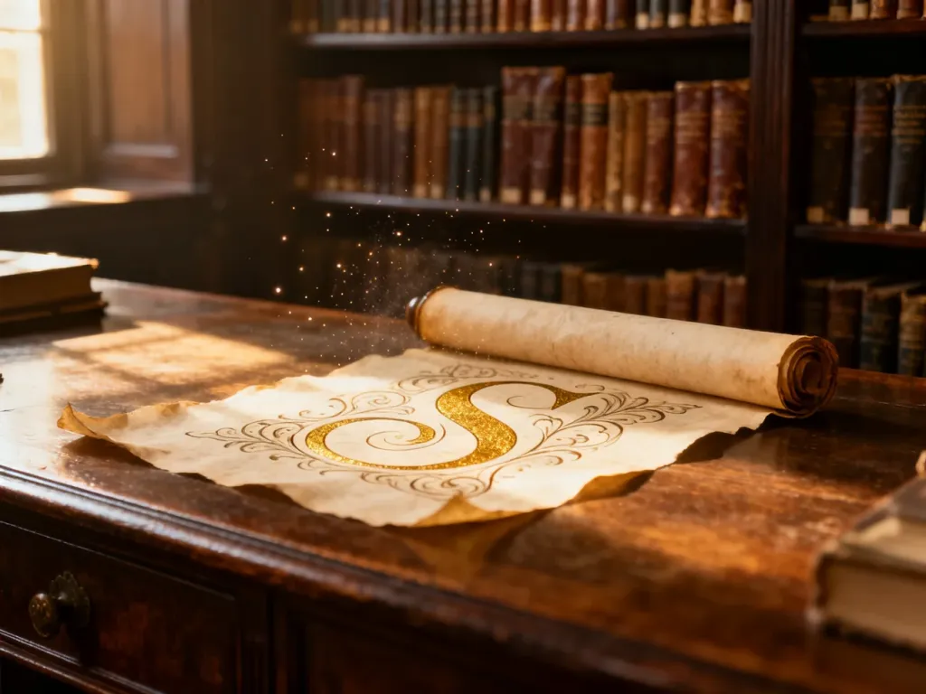 Zdobiony zwój pergaminu z kaligrafowaną literą „S” na tle bibliotecznych regałów, nawiązujący do historycznego pochodzenia imienia.