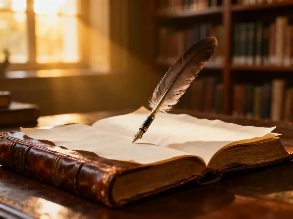Eleganckie pióro do kaligrafii na otwartej, zabytkowej księdze w bibliotece, podkreślające klasyczny charakter imienia Paulina.