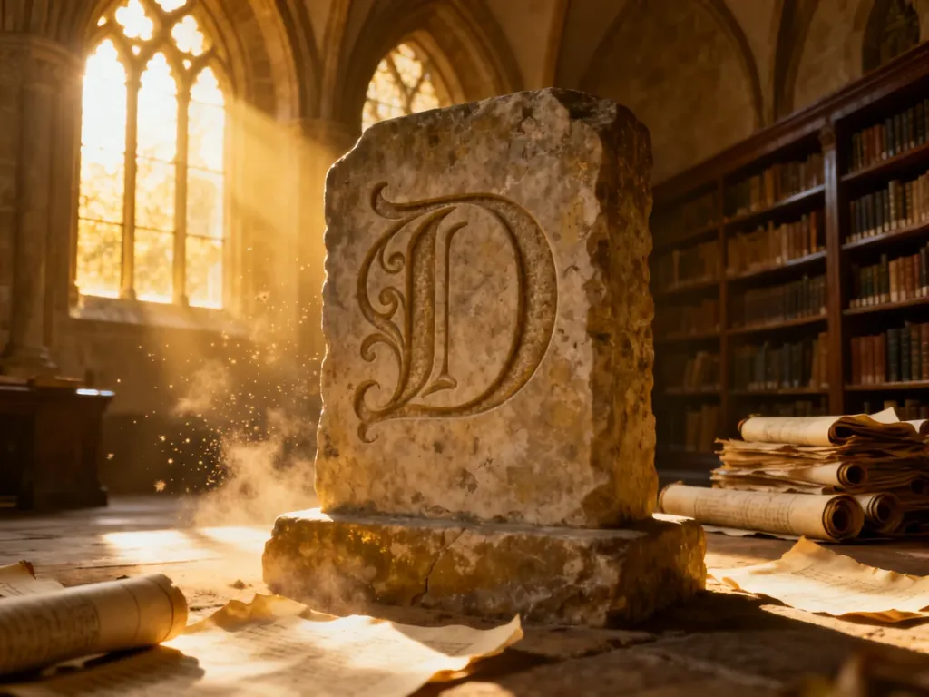 Starożytny kamienny monument z wyrytą literą „D” w słonecznym, średniowiecznym skryptorium.