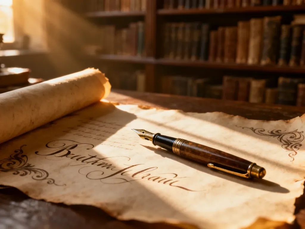 Eleganckie pióro wieczne na starym pergaminie w tle biblioteki, symbolizujące znaczenie i historię imienia Beata.