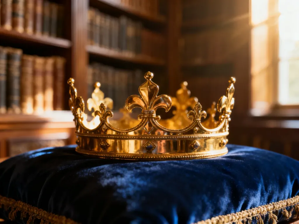 Elegancka złota korona na aksamitnym tle w bibliotece, symbolizująca królewskie pochodzenie imienia Kinga.