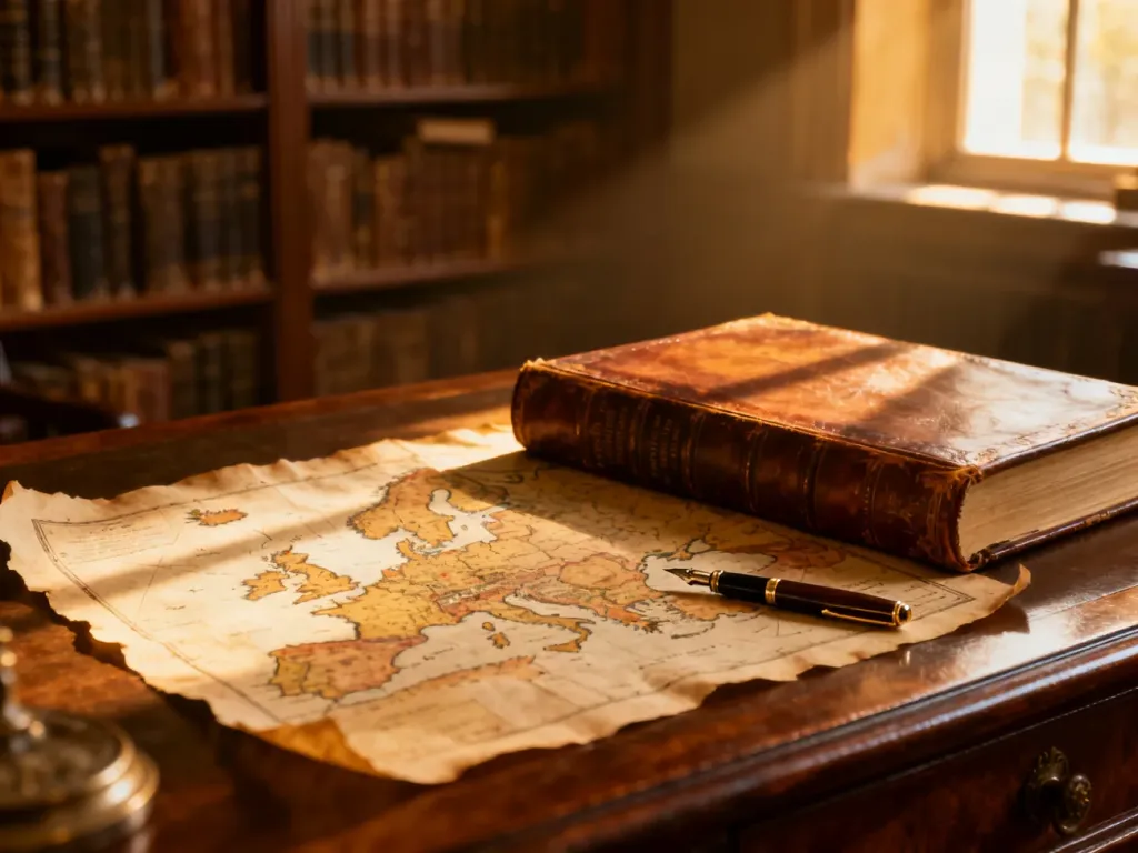 Eleganckie biurko z zabytkową księgą, piórem i mapą w klimacie biblioteki, nawiązujące do tradycji i historii imienia Tadeusz.