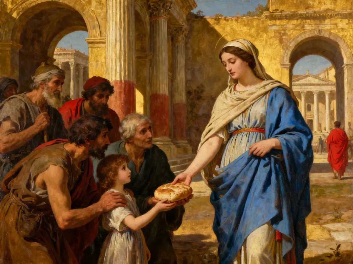 Artystyczne przedstawienie świętej Martyny z Rzymu pomagającej ubogim