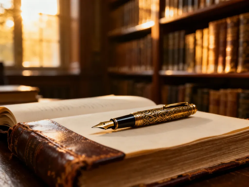 Eleganckie wieczne pióro na starym skórzanym dzienniku w bibliotece, nawiązujące do literackiego charakteru imienia Urszula.
