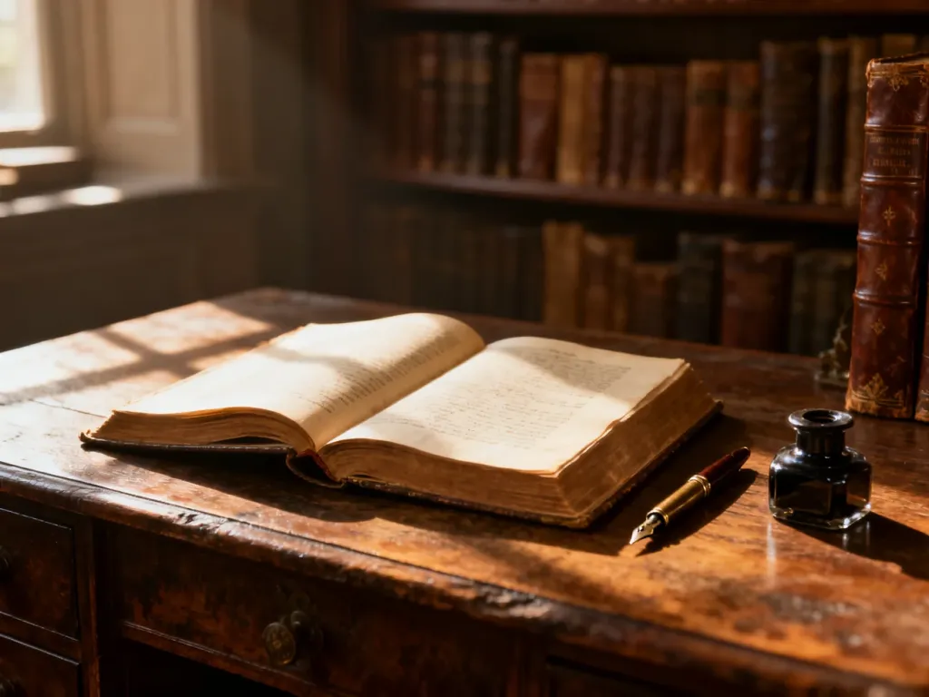 Otwarta zabytkowa księga z piórem wiecznym na drewnianym biurku, przywołująca klimat klasycznej literatury i historii.