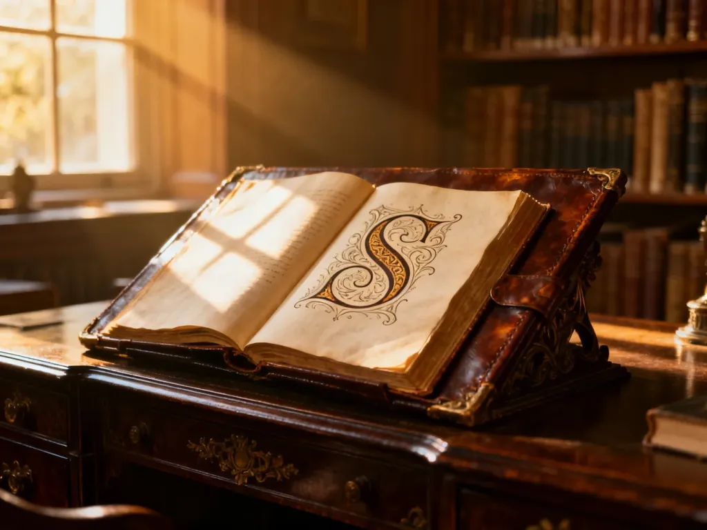 Otwarta, zabytkowa księga z ozdobną literą „S” na drewnianym biurku w przytulnej bibliotece.