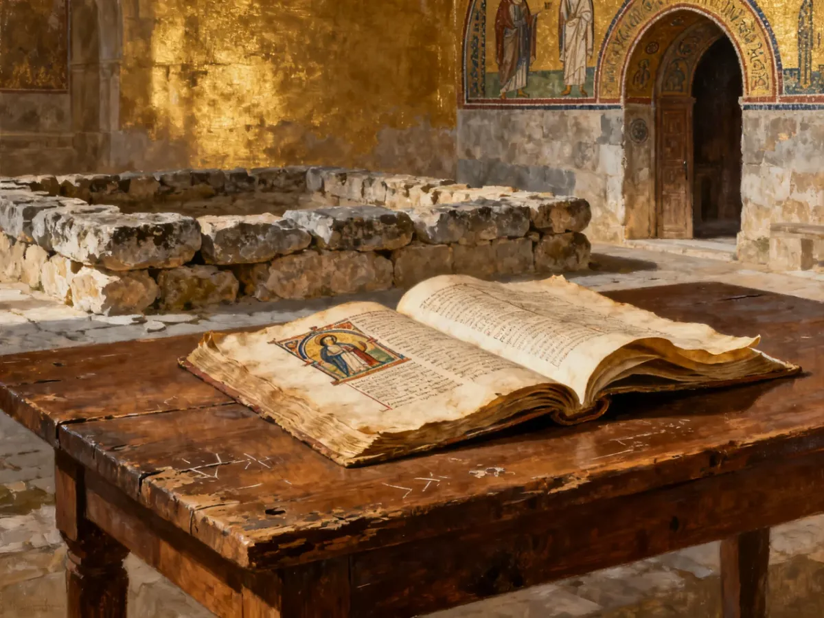 Starożytny kamienny fundament i średniowieczny rękopis symbolizujące pochodzenie imienia Piotr
